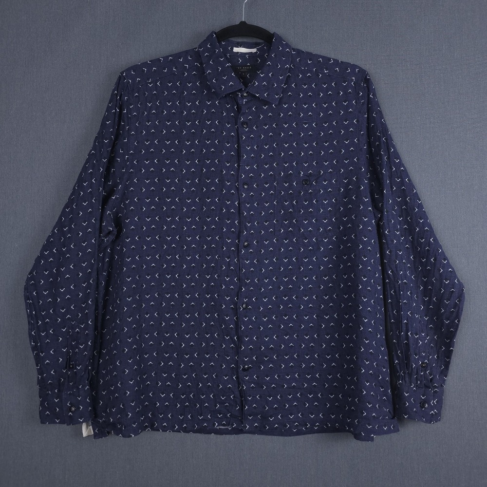 Ted Baker Arnel Linen Shirt Mens XXXL 3XL 7 Blue Geo Print Long Sleeve Button Up